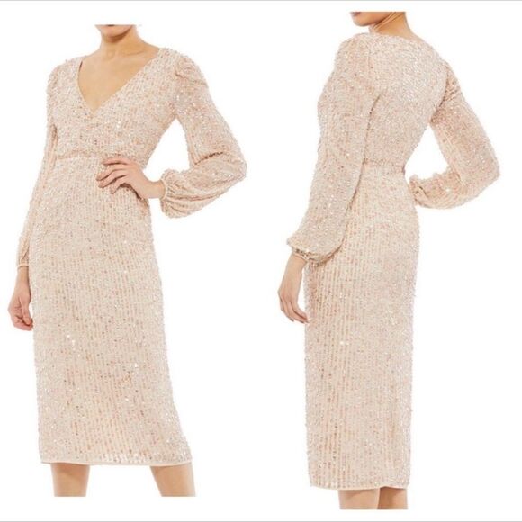 Mac Duggal Sequin Long Sleeve Midi  Cocktail Dress Nude | Size 14 - Picture 1 of 13
